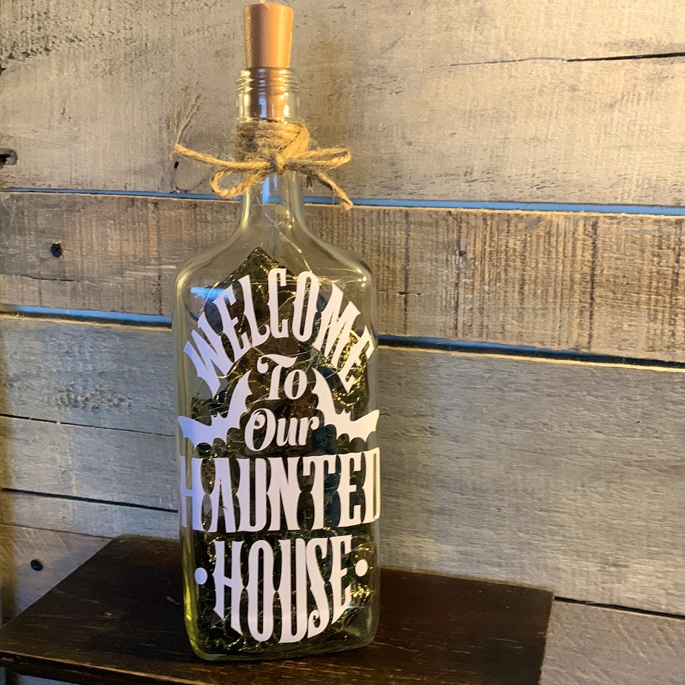 Hand Crafted- ‘Welcome to our Haunted House’ Wine Bottle lantern